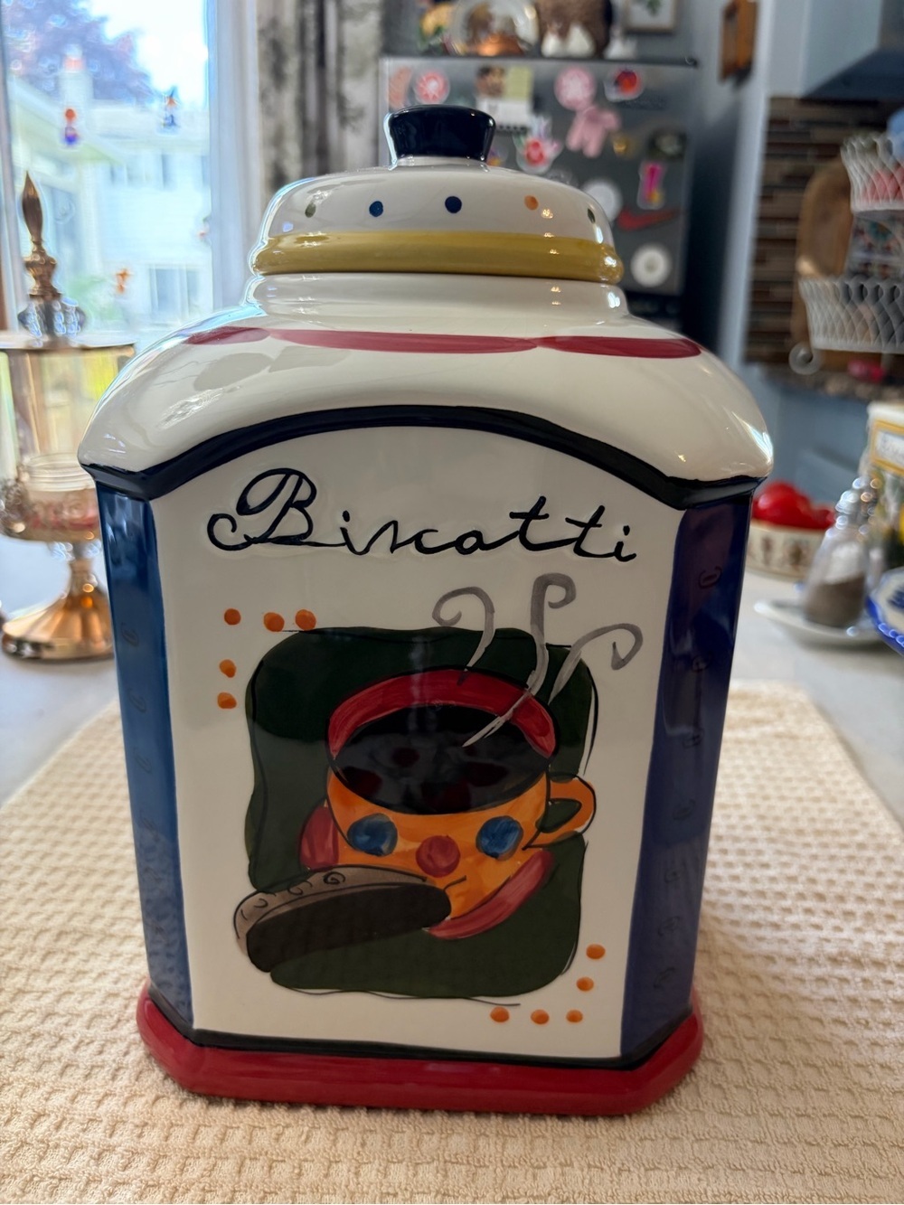 Vintage Handmade Ceramic Jar with Red Trim